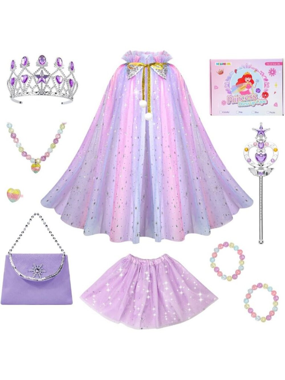 Princess Dress Up Cape with Crown & Tutu Costume Set for Girls Ages 3-8-Purple